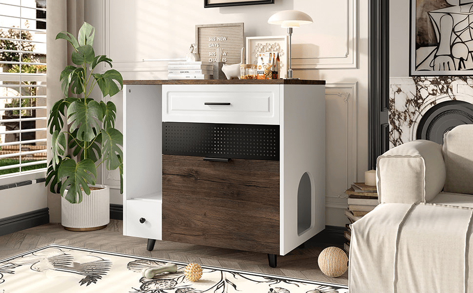 Cat Litter Box Enclosure, Indoor Hidden Cat Litter Box Furniture with 2 Drawers and Door, Cat House End Table for Living room, White and Brown - Mervyns