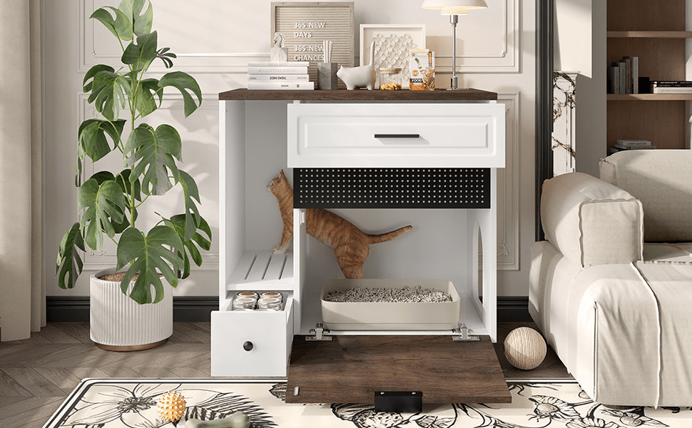 Cat Litter Box Enclosure, Indoor Hidden Cat Litter Box Furniture with 2 Drawers and Door, Cat House End Table for Living room, White and Brown - Mervyns