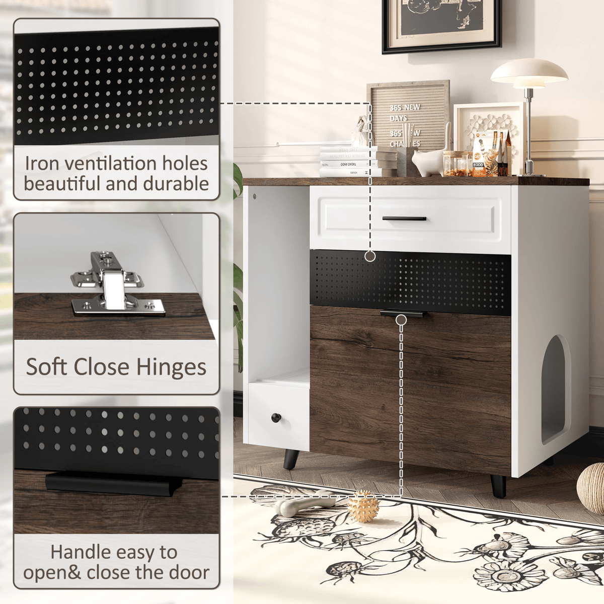 Cat Litter Box Enclosure, Indoor Hidden Cat Litter Box Furniture with 2 Drawers and Door, Cat House End Table for Living room, White and Brown - Mervyns