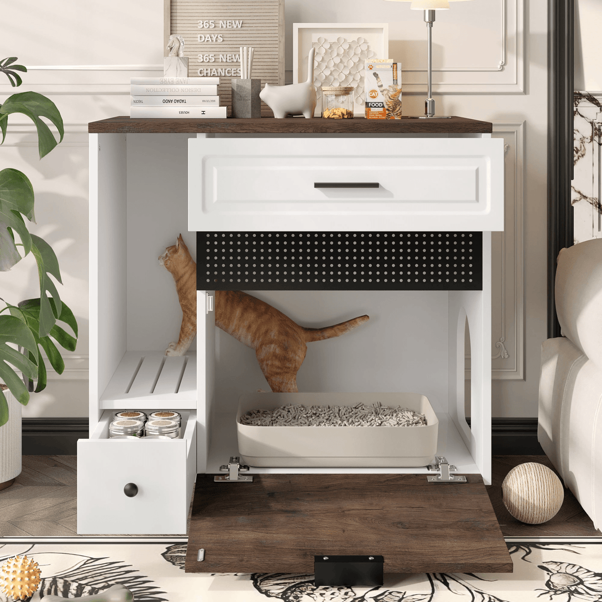 Cat Litter Box Enclosure, Indoor Hidden Cat Litter Box Furniture with 2 Drawers and Door, Cat House End Table for Living room, White and Brown - Mervyns