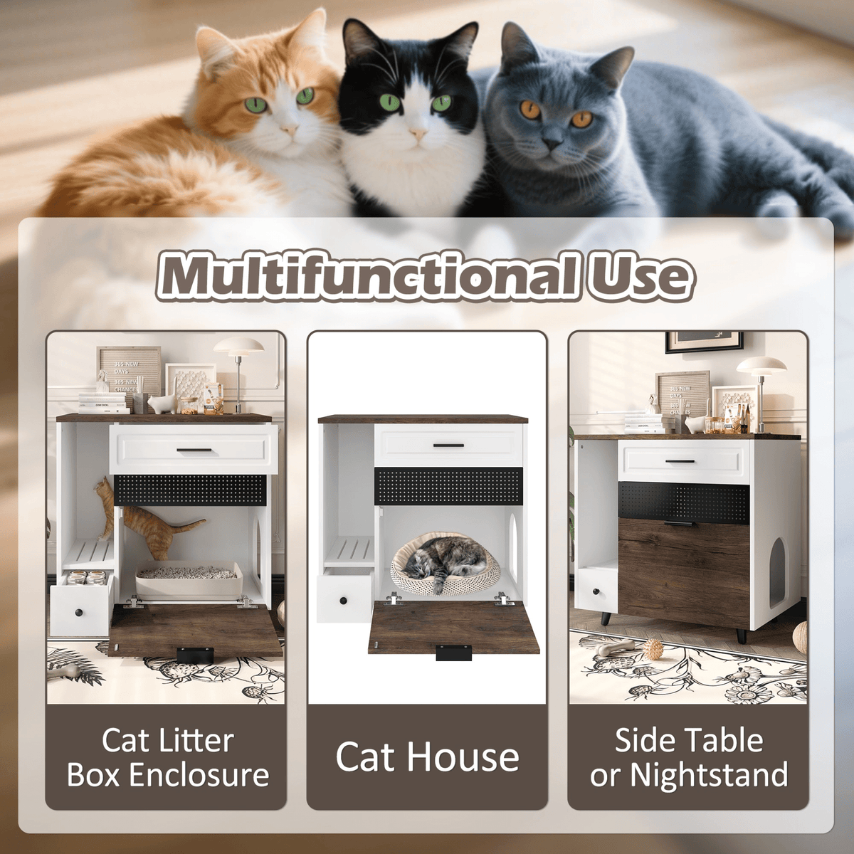 Cat Litter Box Enclosure, Indoor Hidden Cat Litter Box Furniture with 2 Drawers and Door, Cat House End Table for Living room, White and Brown - Mervyns