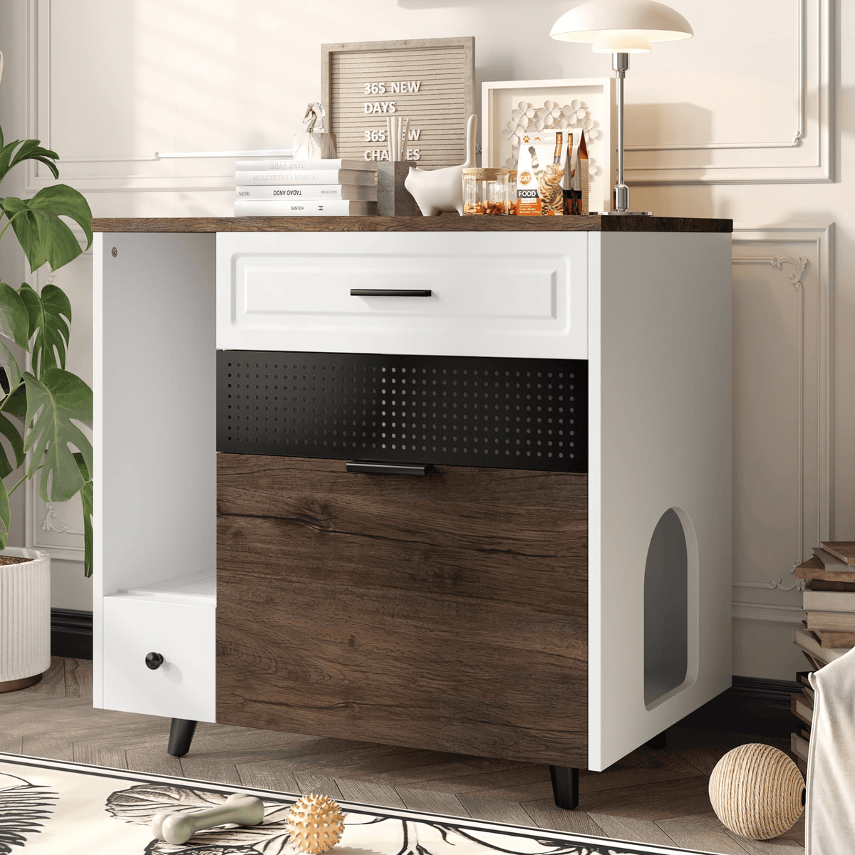 Cat Litter Box Enclosure, Indoor Hidden Cat Litter Box Furniture with 2 Drawers and Door, Cat House End Table for Living room, White and Brown - Mervyns
