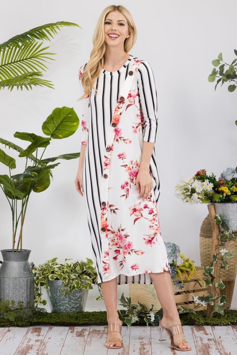 Celeste Full Size Floral Striped Contrast Midi - Dress with Pockets - Mervyns