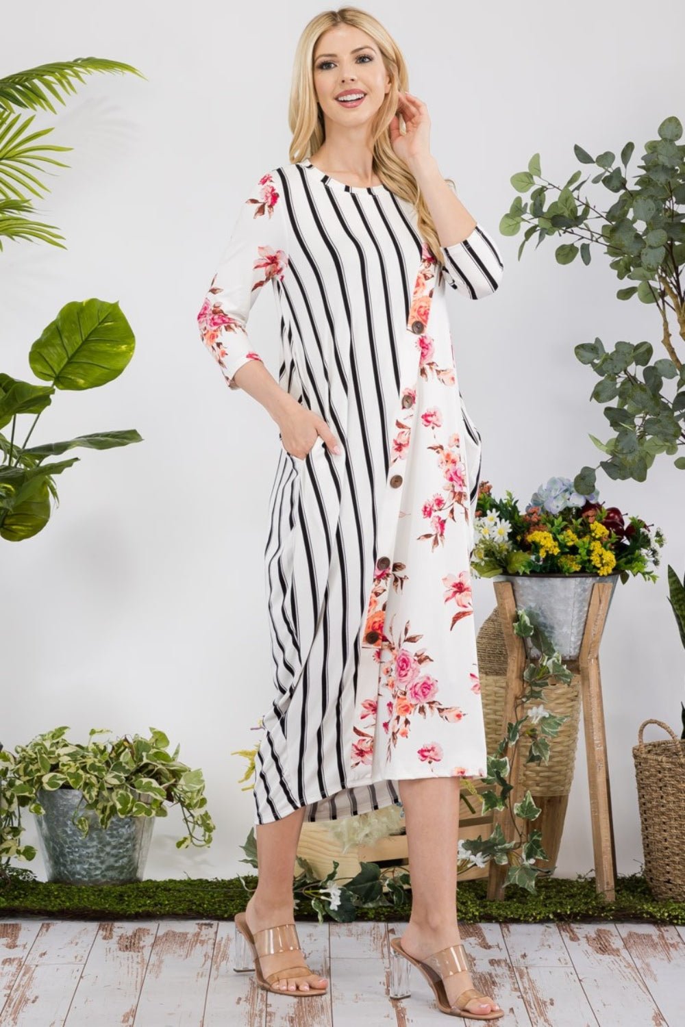 Celeste Full Size Floral Striped Contrast Midi - Dress with Pockets - Mervyns