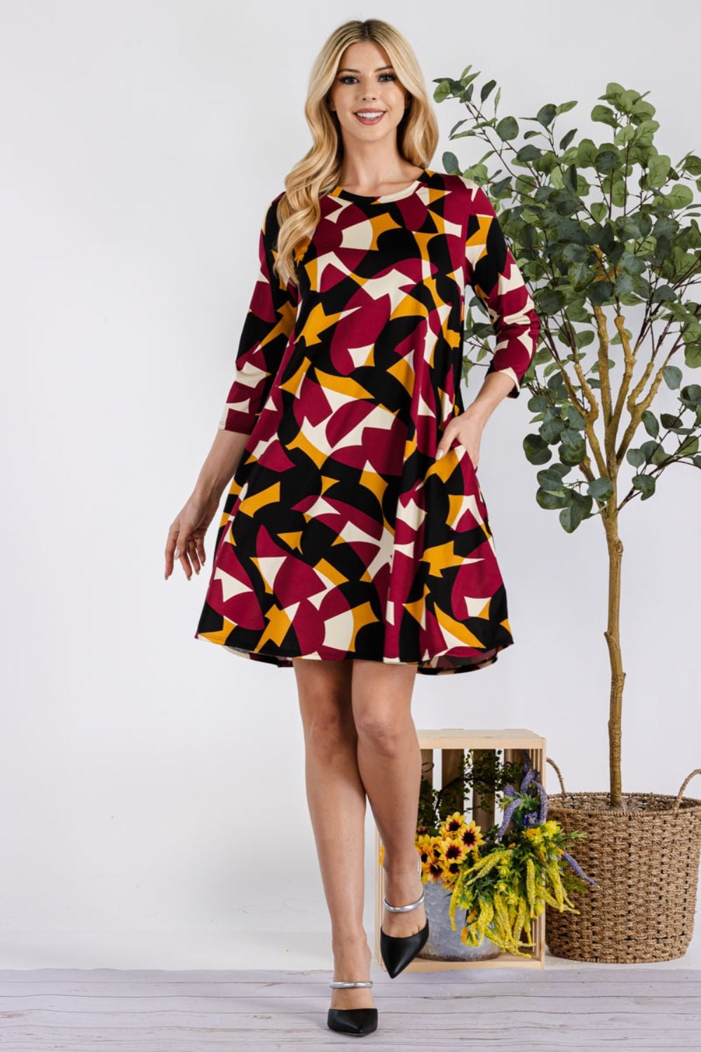 Celeste Full Size Geometric Round Neck Dress with Pockets - Mervyns