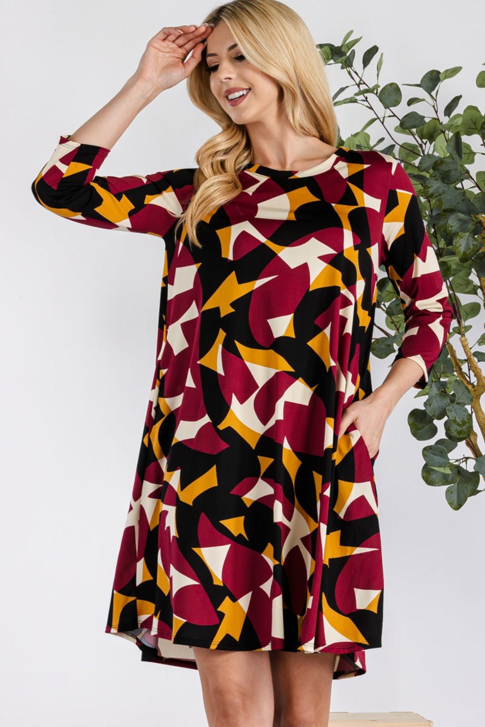 Celeste Full Size Geometric Round Neck Dress with Pockets - Mervyns