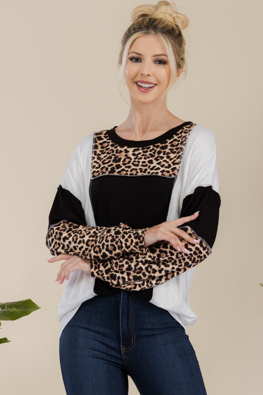 Celeste Full Size Leopard Color Block Exposed Seam T-Shirt - Mervyns