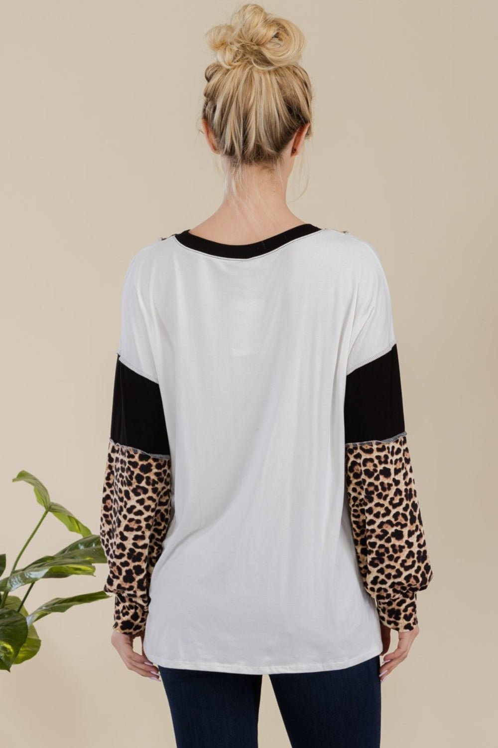 Celeste Full Size Leopard Color Block Exposed Seam T-Shirt - Mervyns