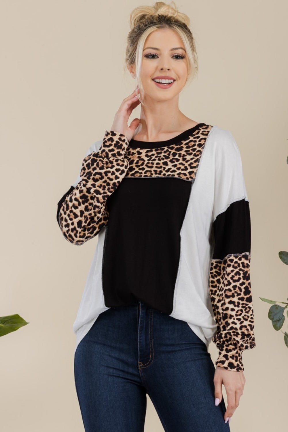 Celeste Full Size Leopard Color Block Exposed Seam T-Shirt - Mervyns