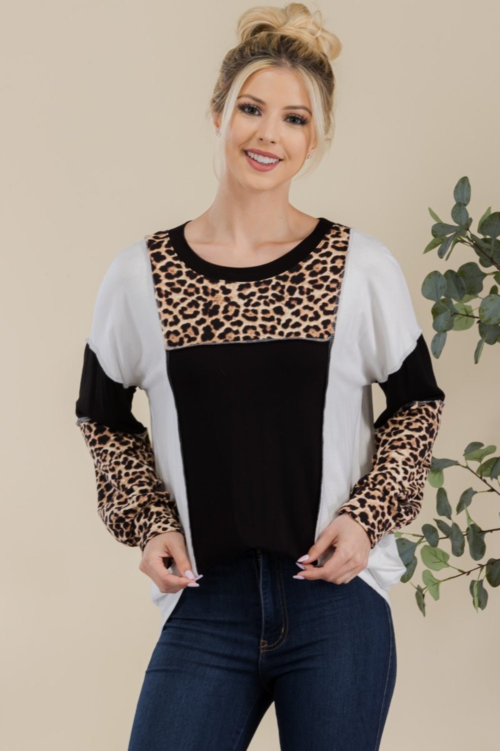 Celeste Full Size Leopard Color Block Exposed Seam T-Shirt - Mervyns