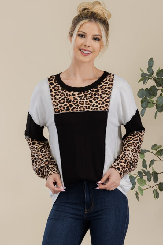 Celeste Full Size Leopard Color Block Exposed Seam T-Shirt - Mervyns