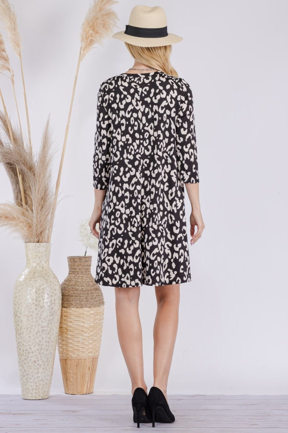 Celeste Full Size Leopard Three - Quarter Sleeve Dress with Pockets - Mervyns