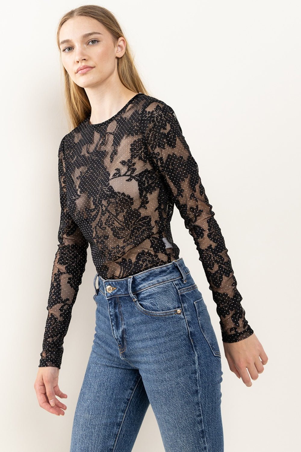 Ces Femme Floral Lace Mesh Bodysuit - Mervyns