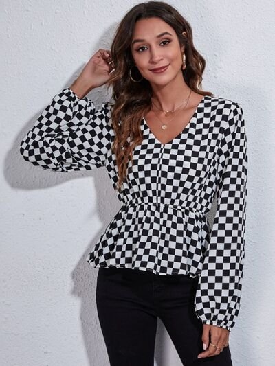 Checkered V - Neck Balloon Sleeve Peplum Blouse - Mervyns