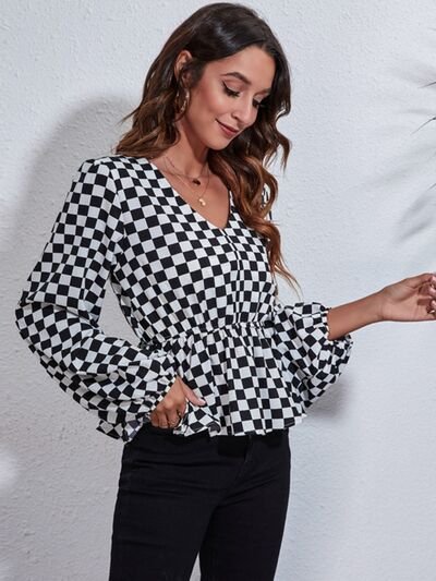 Checkered V - Neck Balloon Sleeve Peplum Blouse - Mervyns