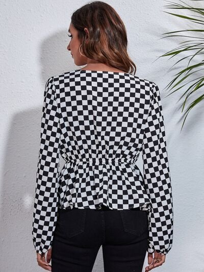 Checkered V - Neck Balloon Sleeve Peplum Blouse - Mervyns