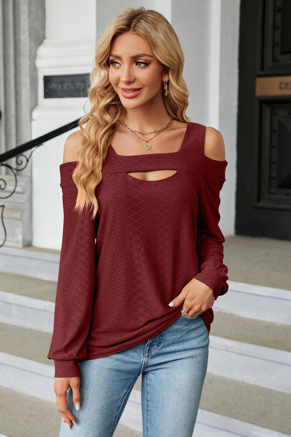 Cold Shoulder Square Neck Cutout Blouse - Mervyns