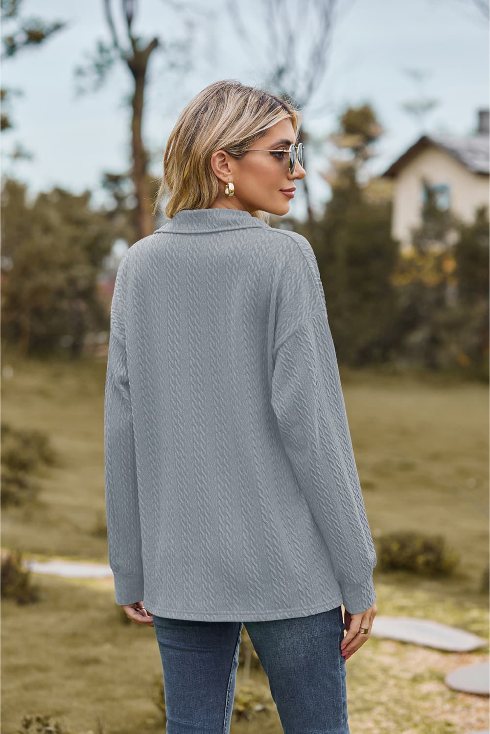 Collared Neck Cable - Knit Long Sleeve Blouse - Mervyns