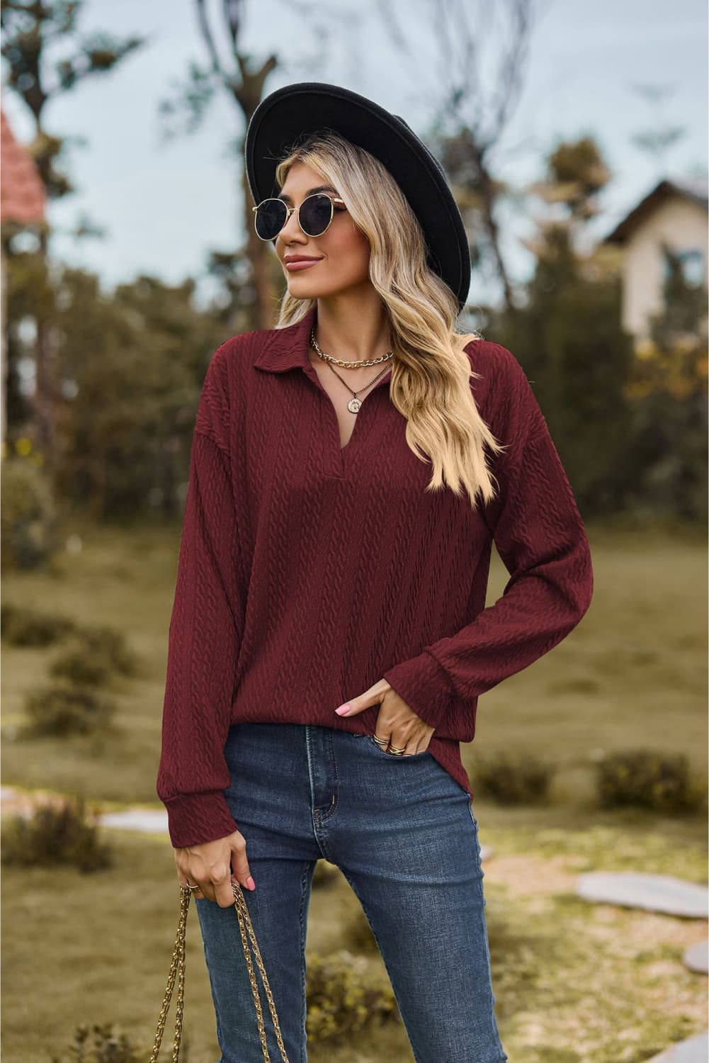 Collared Neck Cable - Knit Long Sleeve Blouse - Mervyns