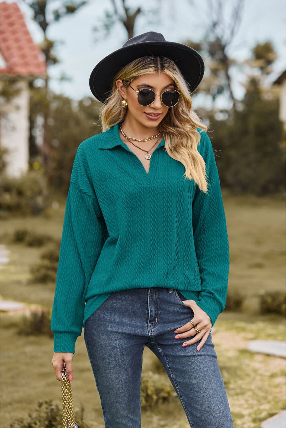 Collared Neck Cable - Knit Long Sleeve Blouse - Mervyns