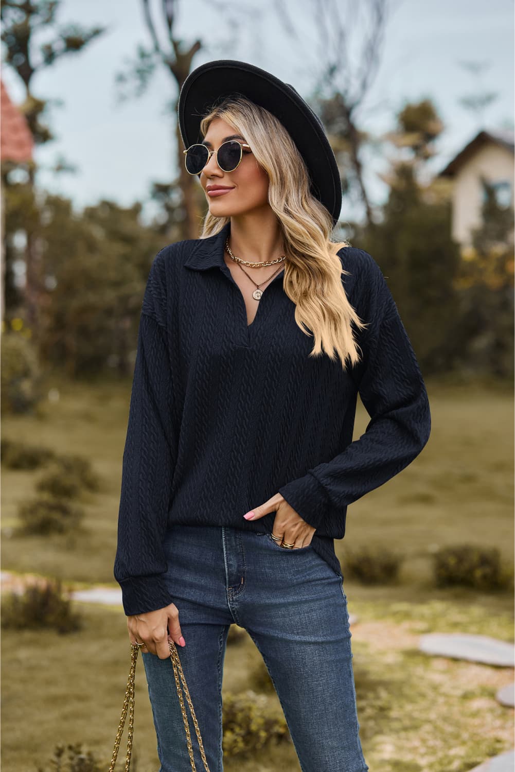 Collared Neck Cable - Knit Long Sleeve Blouse - Mervyns