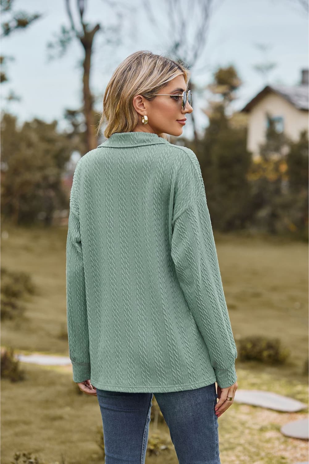 Collared Neck Cable - Knit Long Sleeve Blouse - Mervyns