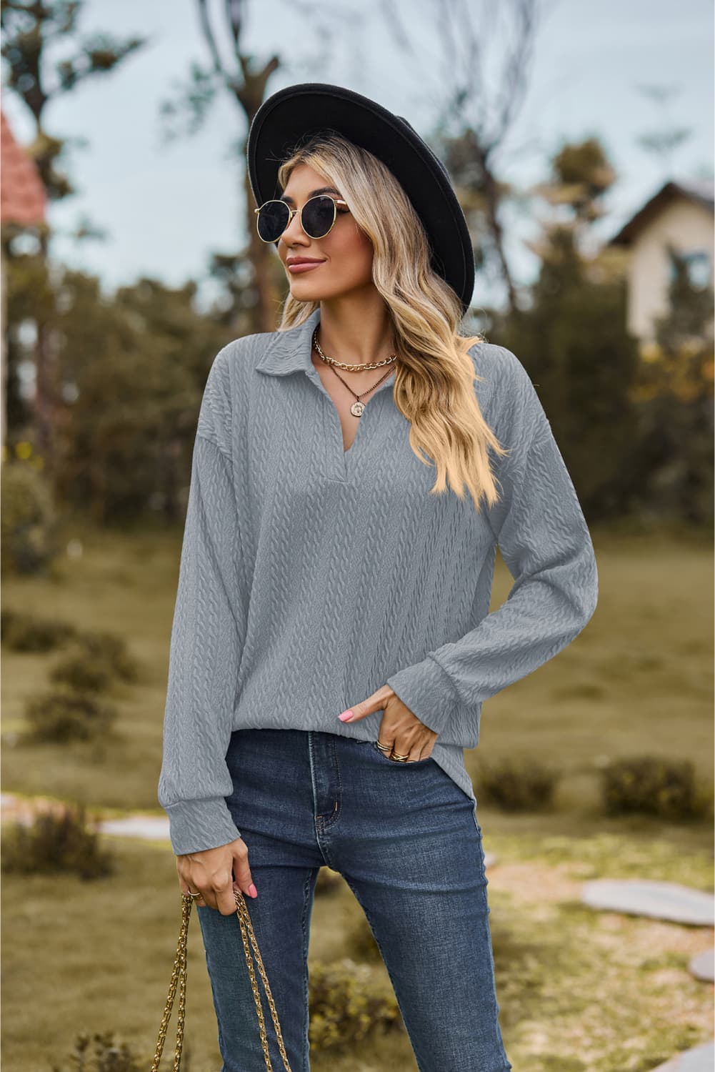 Collared Neck Cable - Knit Long Sleeve Blouse - Mervyns