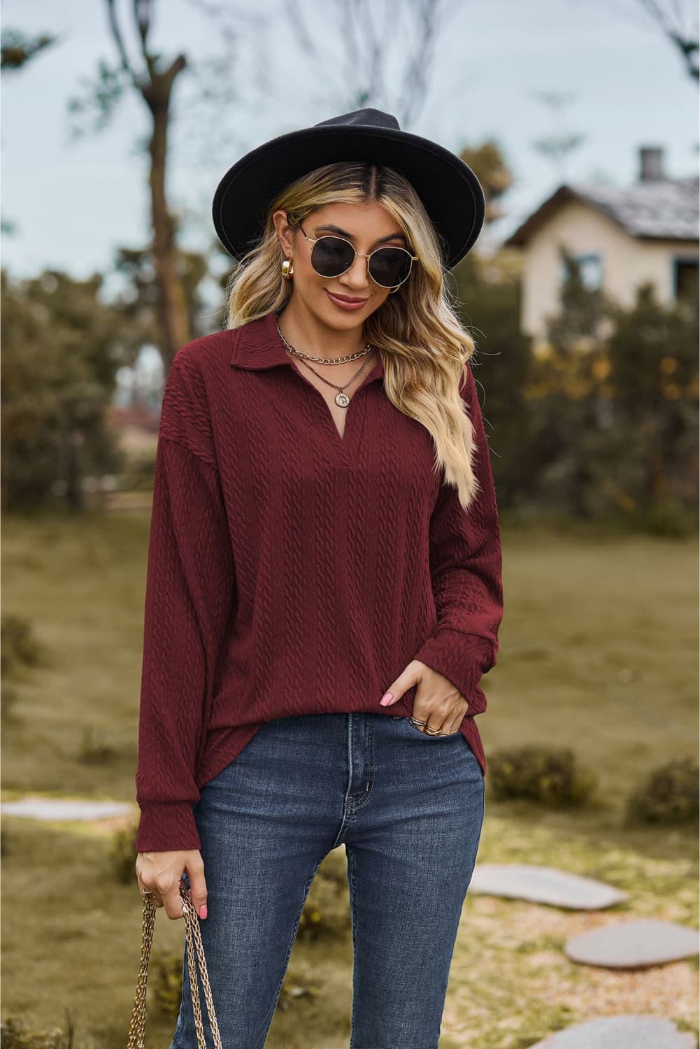 Collared Neck Cable - Knit Long Sleeve Blouse - Mervyns