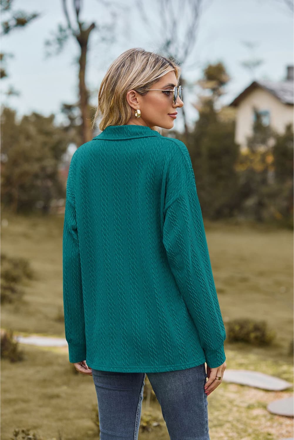 Collared Neck Cable - Knit Long Sleeve Blouse - Mervyns