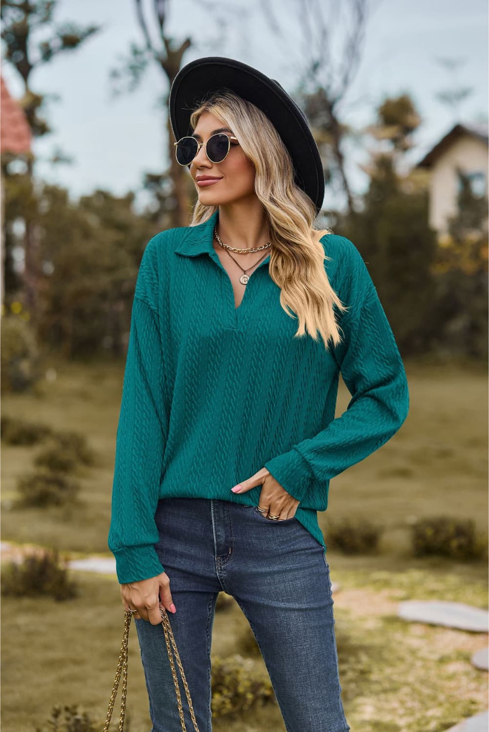 Collared Neck Cable - Knit Long Sleeve Blouse - Mervyns