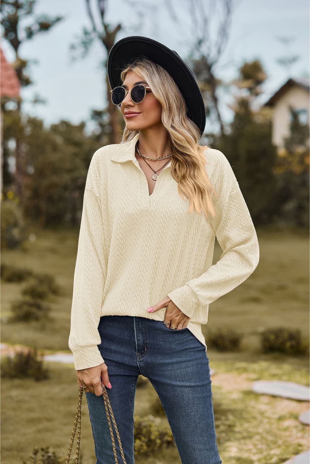 Collared Neck Cable - Knit Long Sleeve Blouse - Mervyns