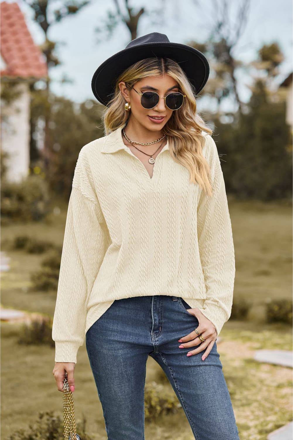 Collared Neck Cable - Knit Long Sleeve Blouse - Mervyns