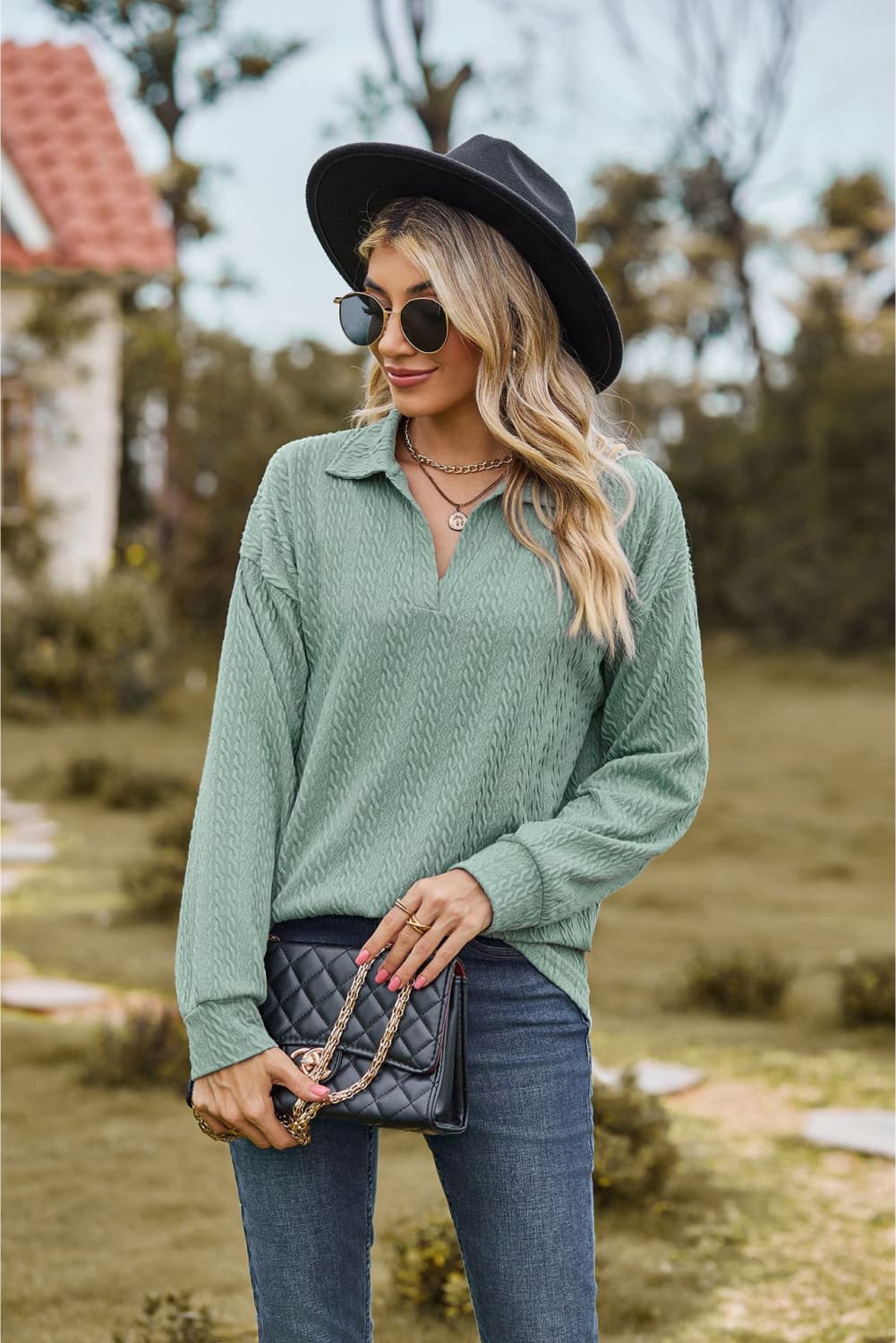 Collared Neck Cable - Knit Long Sleeve Blouse - Mervyns