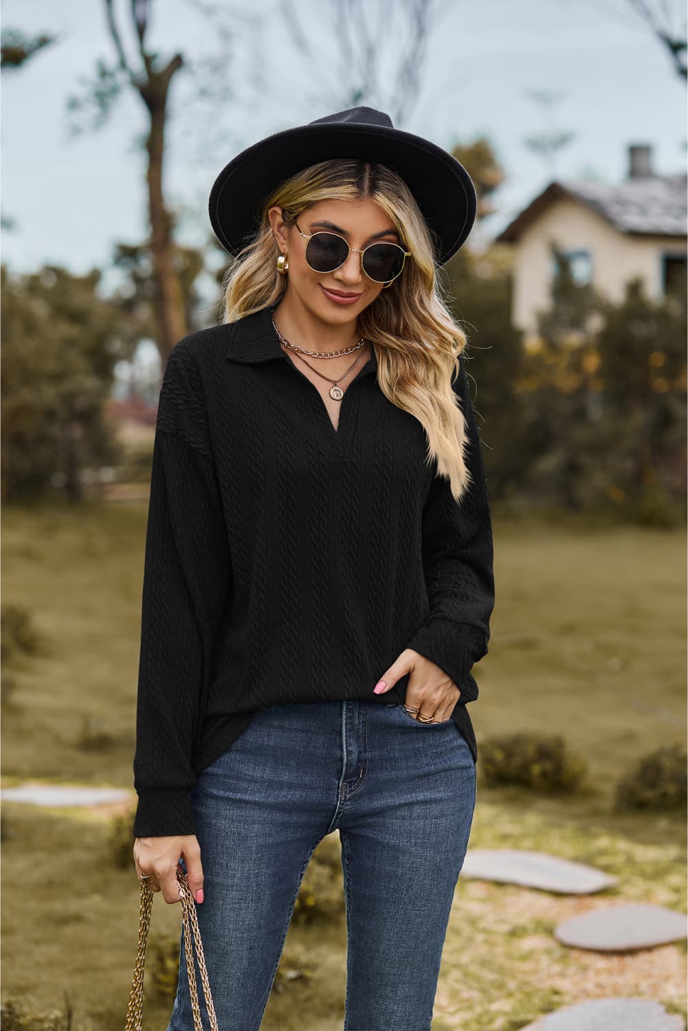 Collared Neck Cable - Knit Long Sleeve Blouse - Mervyns