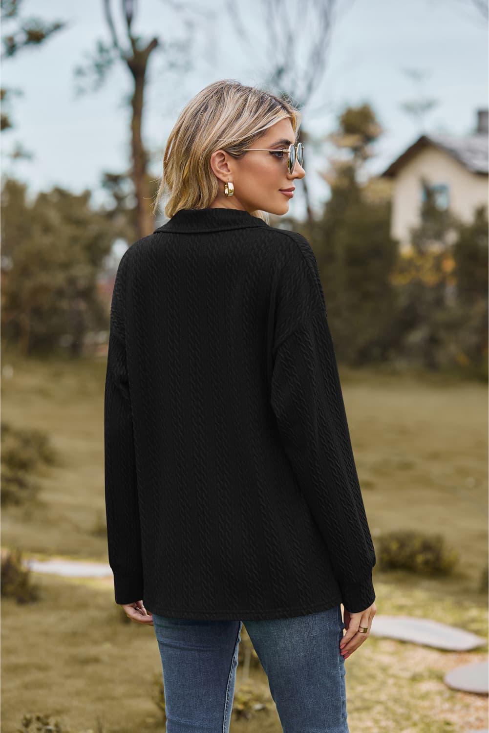 Collared Neck Cable - Knit Long Sleeve Blouse - Mervyns