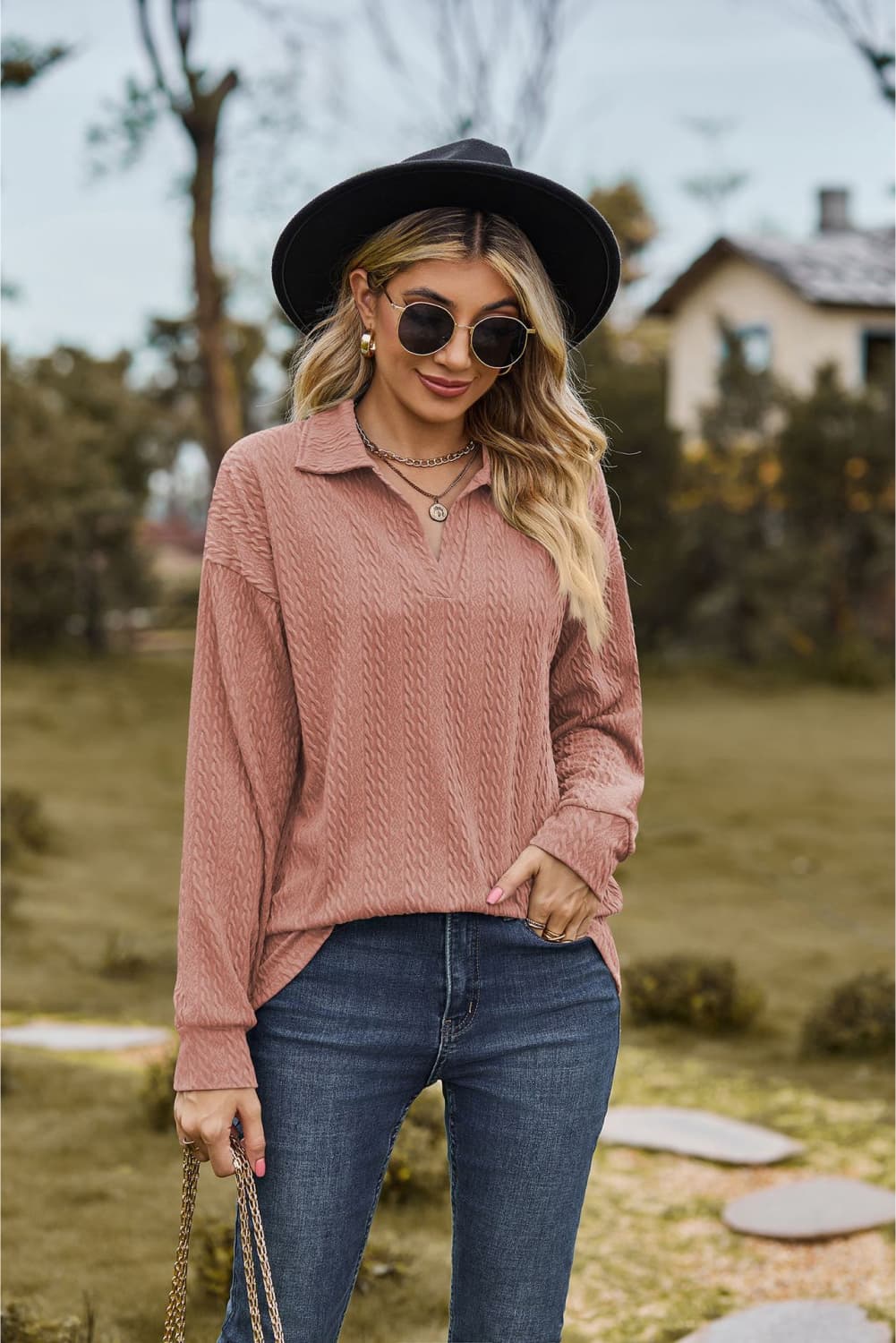 Collared Neck Cable - Knit Long Sleeve Blouse - Mervyns