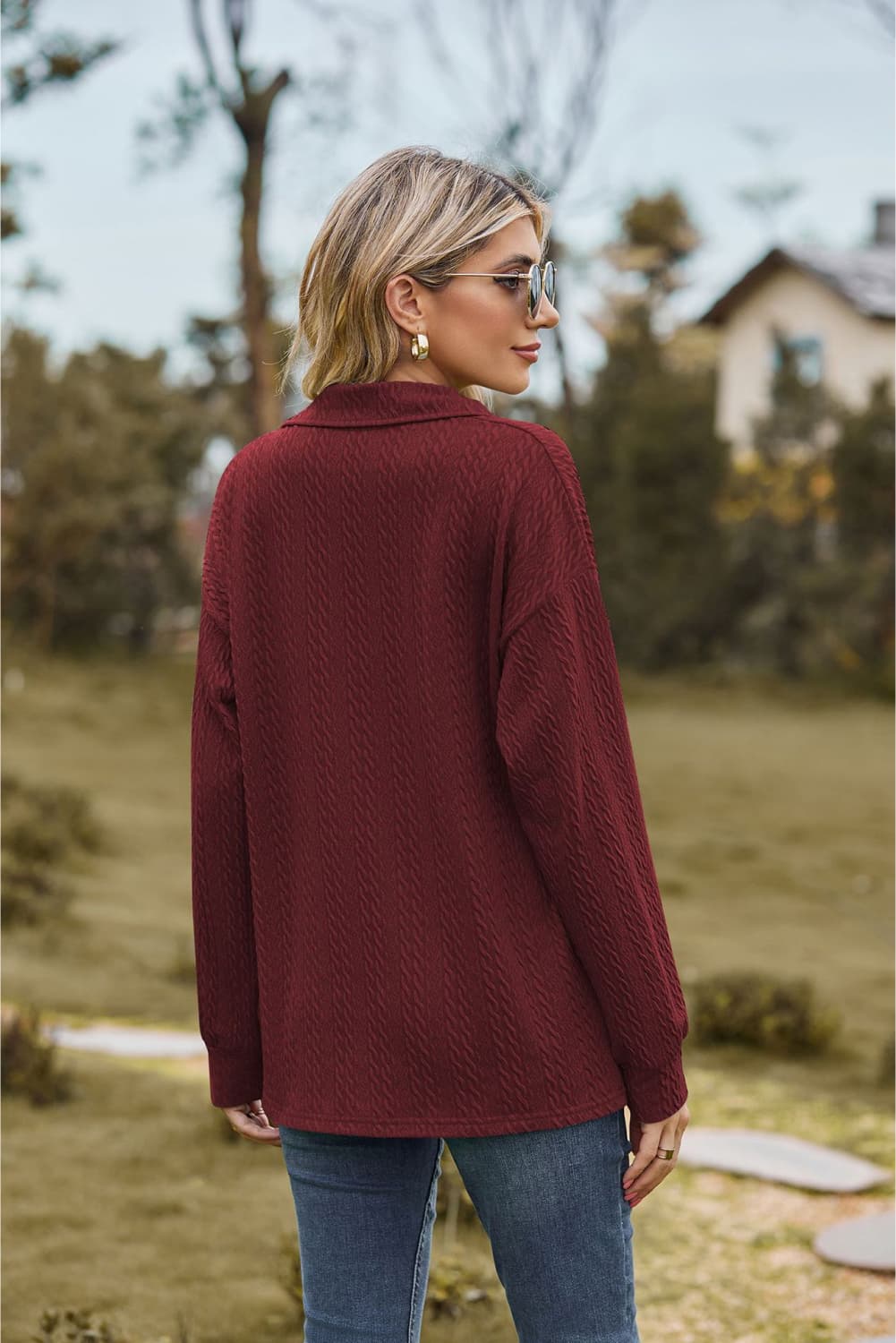 Collared Neck Cable - Knit Long Sleeve Blouse - Mervyns