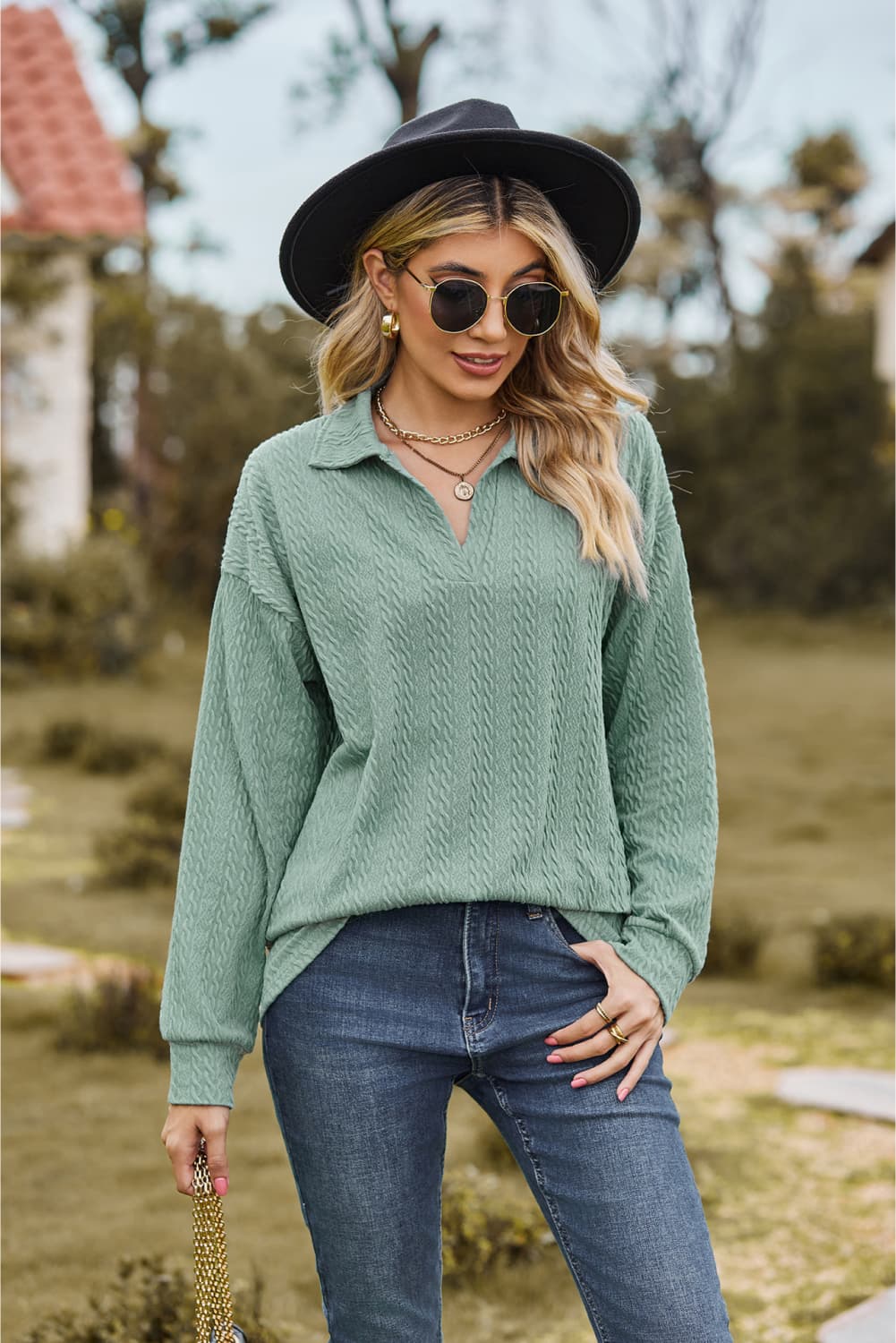 Collared Neck Cable - Knit Long Sleeve Blouse - Mervyns