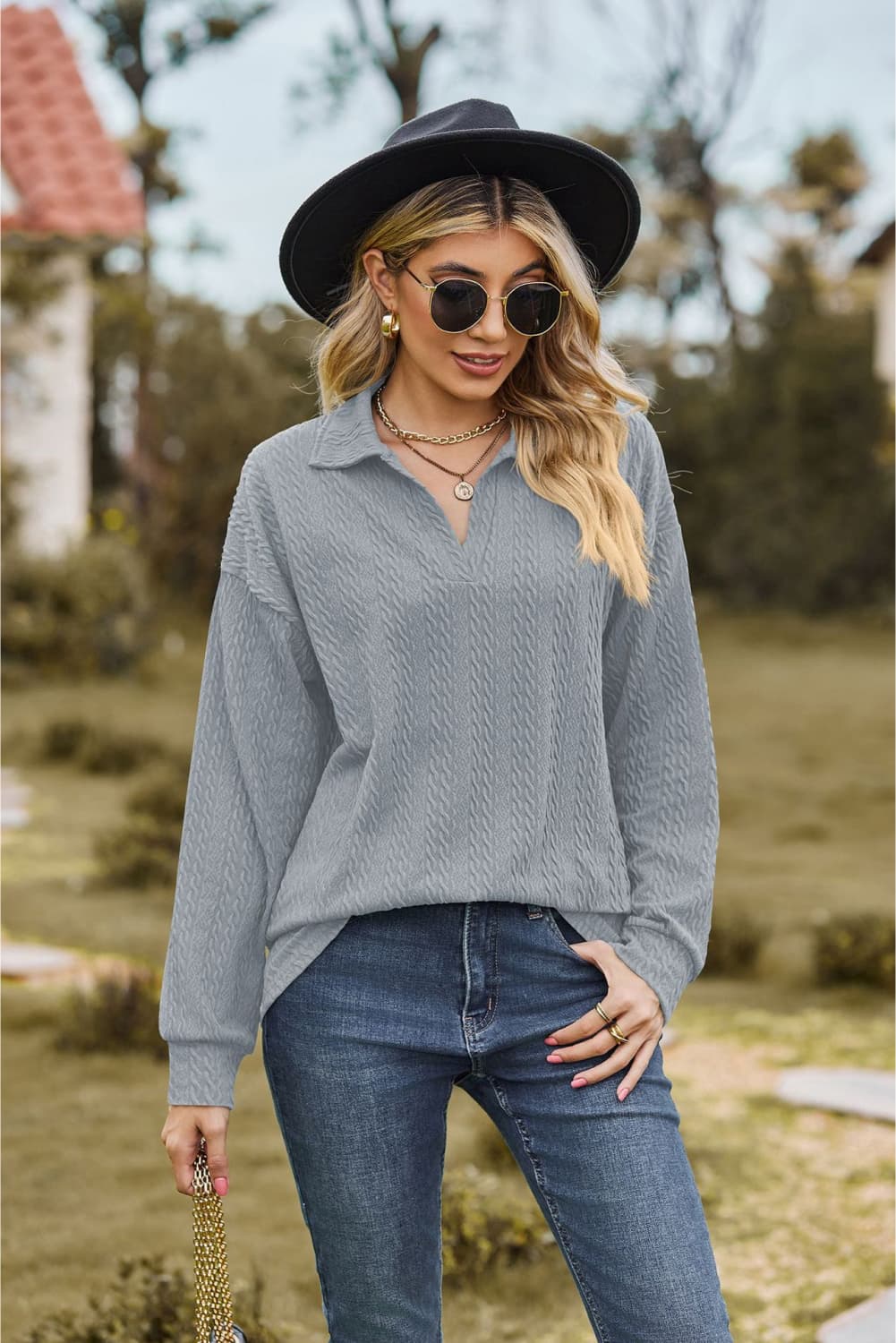 Collared Neck Cable - Knit Long Sleeve Blouse - Mervyns