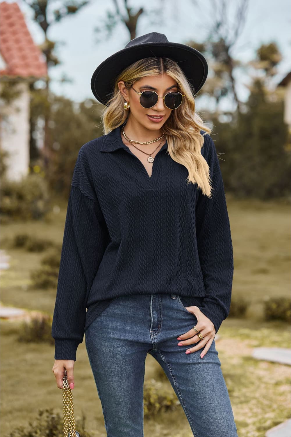 Collared Neck Cable - Knit Long Sleeve Blouse - Mervyns