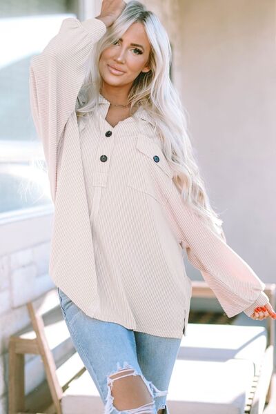 Collared Neck Half Button Long Sleeve Blouse - Mervyns