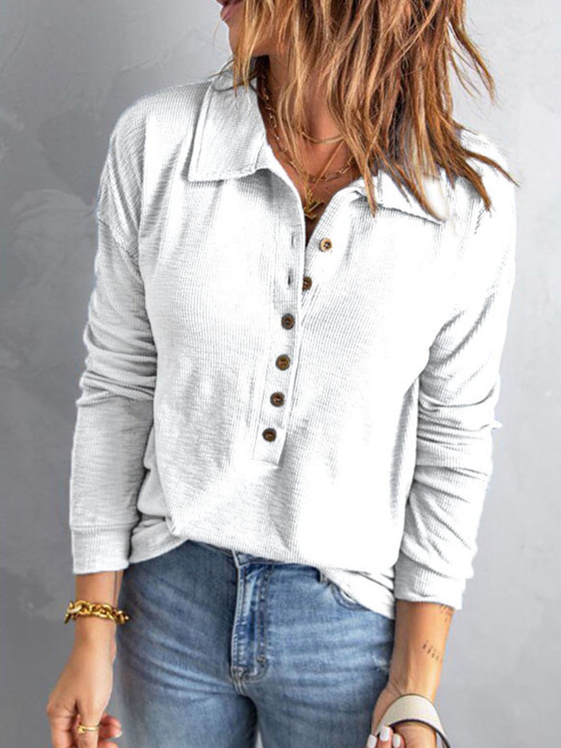 Collared Neck Half Button Top - Mervyns