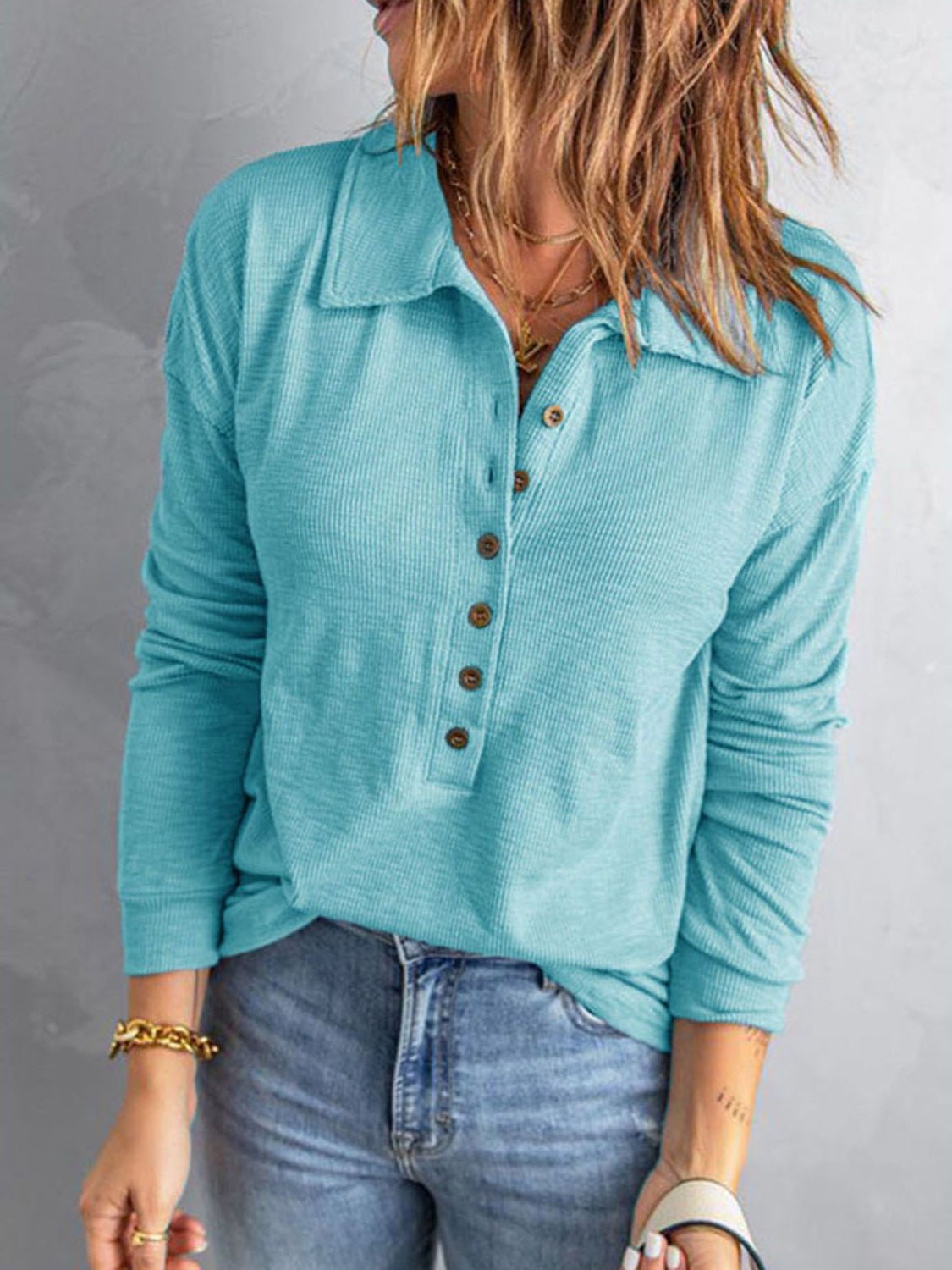 Collared Neck Half Button Top - Mervyns