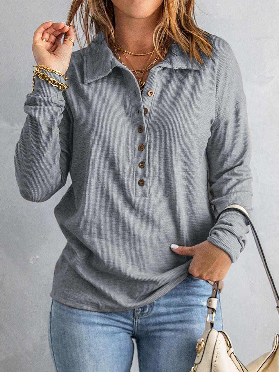 Collared Neck Half Button Top - Mervyns