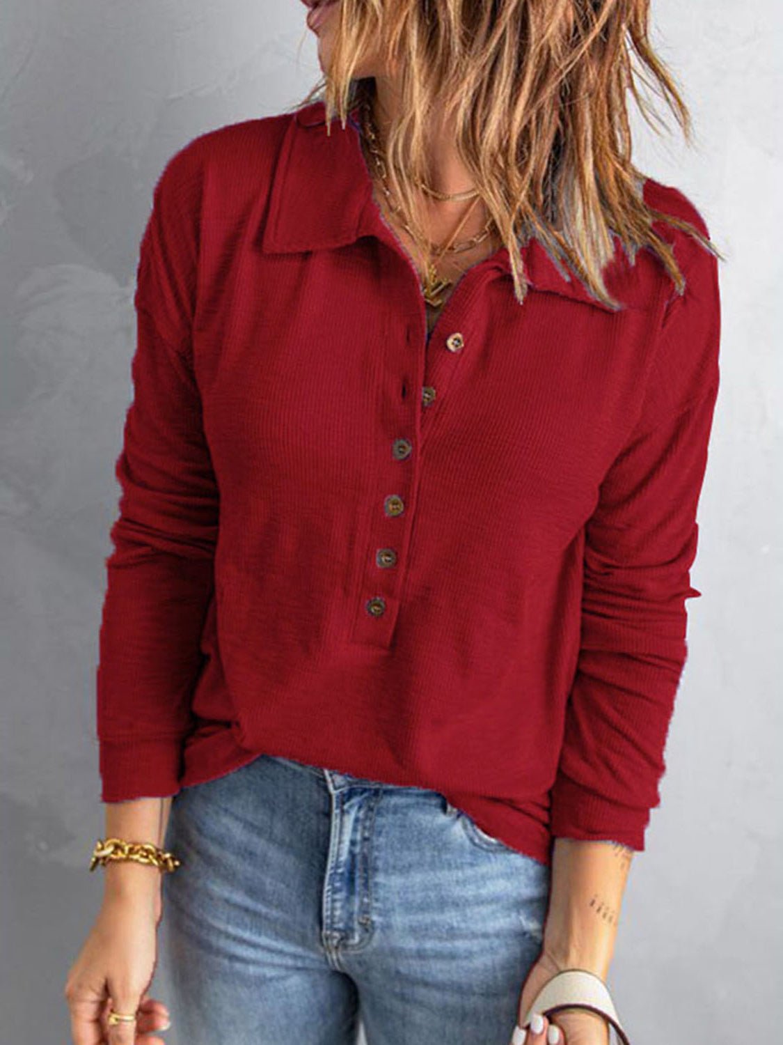 Collared Neck Half Button Top - Mervyns