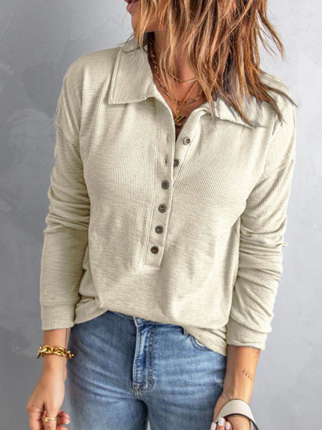 Collared Neck Half Button Top - Mervyns