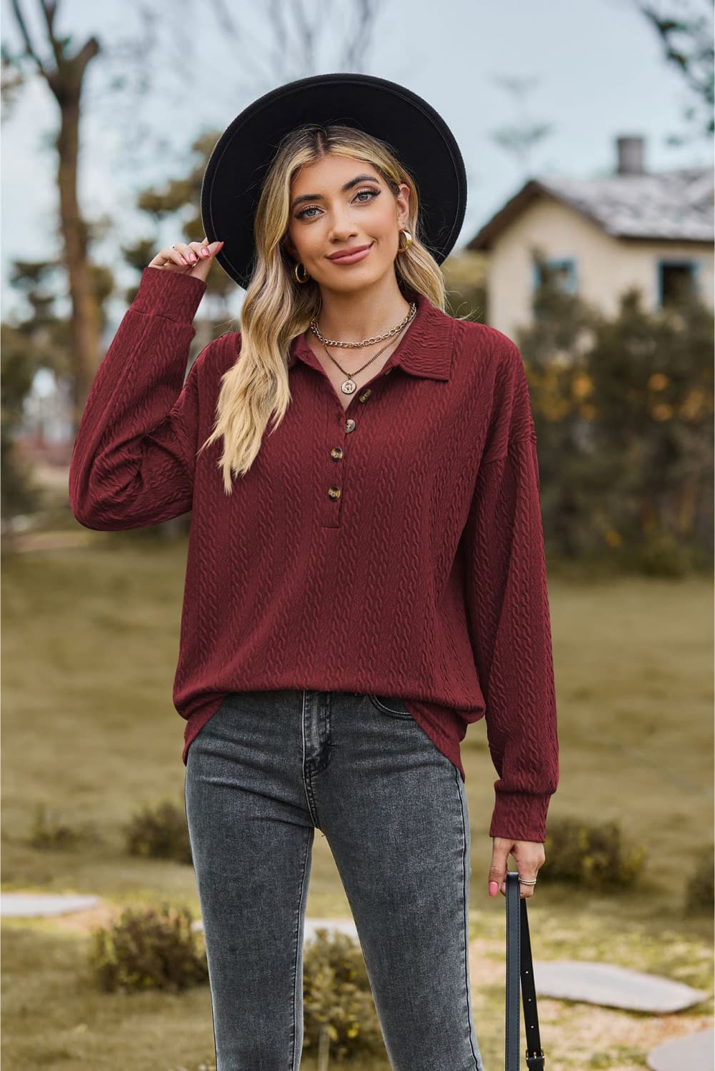 Collared Neck Long Sleeve Blouse - Mervyns