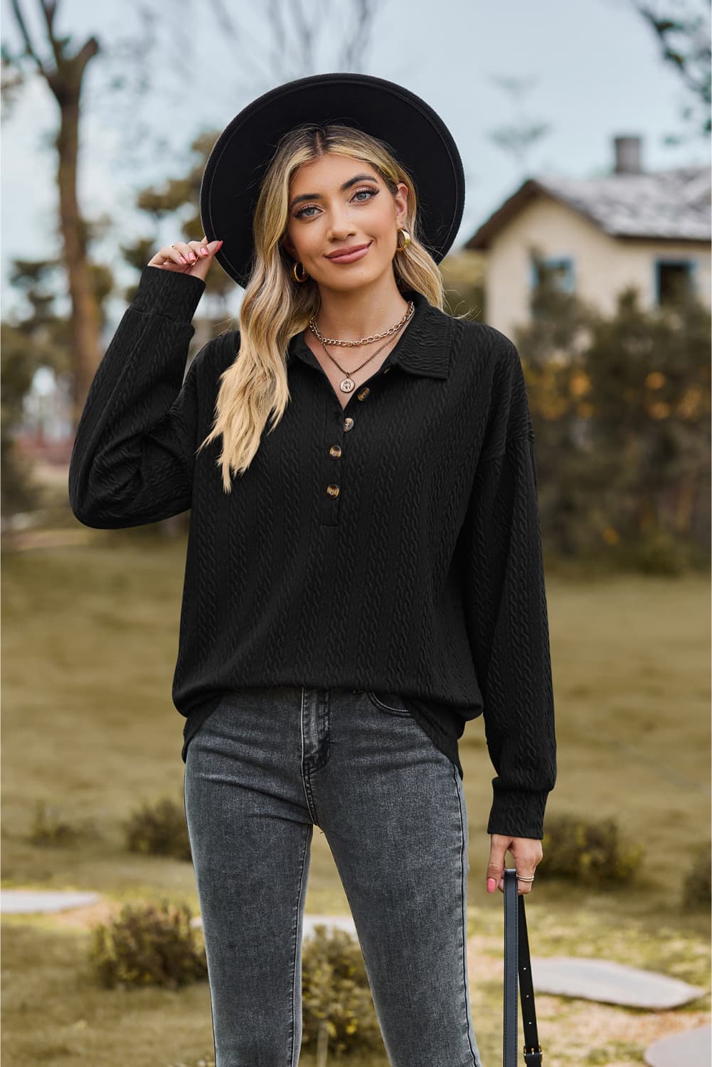 Collared Neck Long Sleeve Blouse - Mervyns