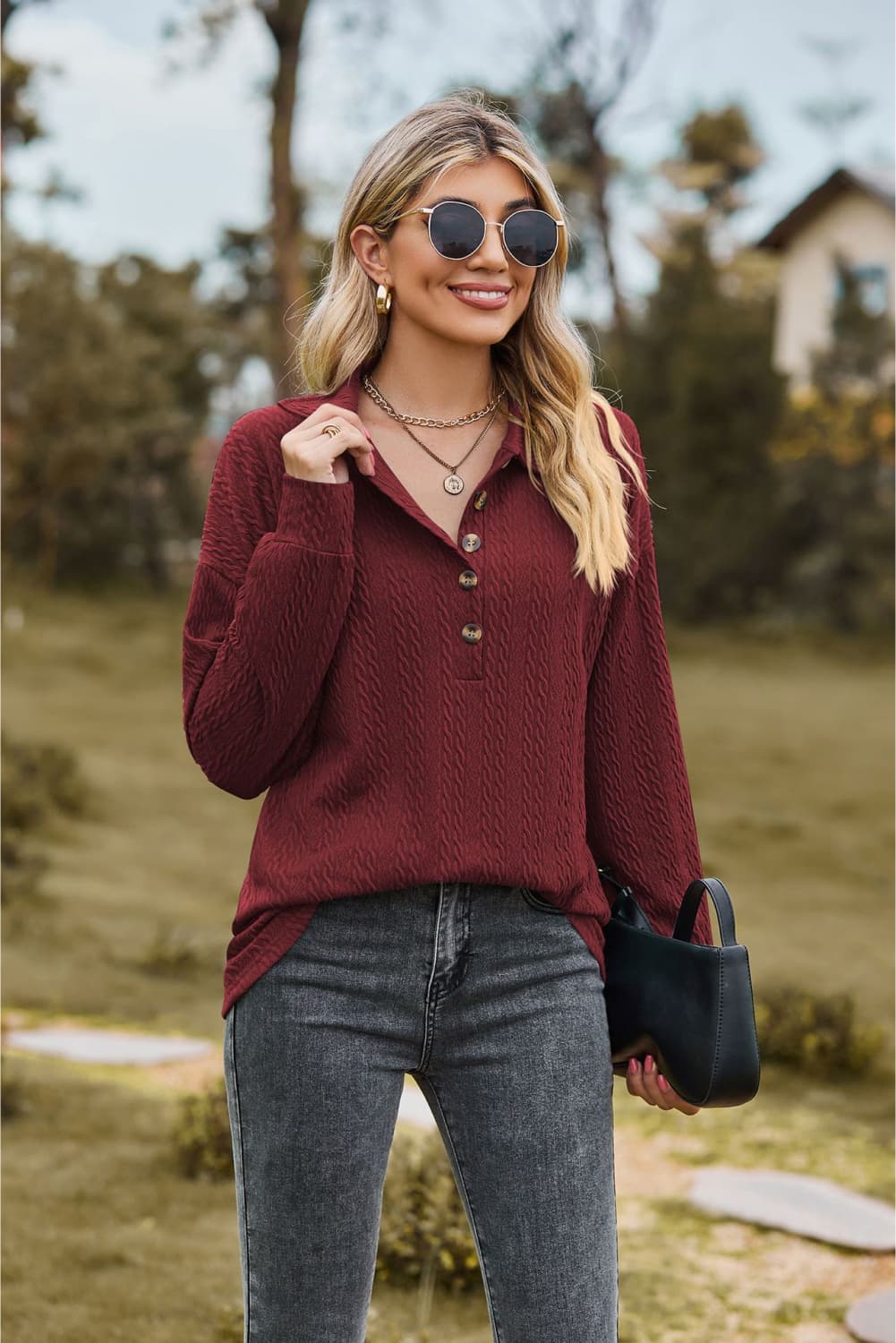 Collared Neck Long Sleeve Blouse - Mervyns