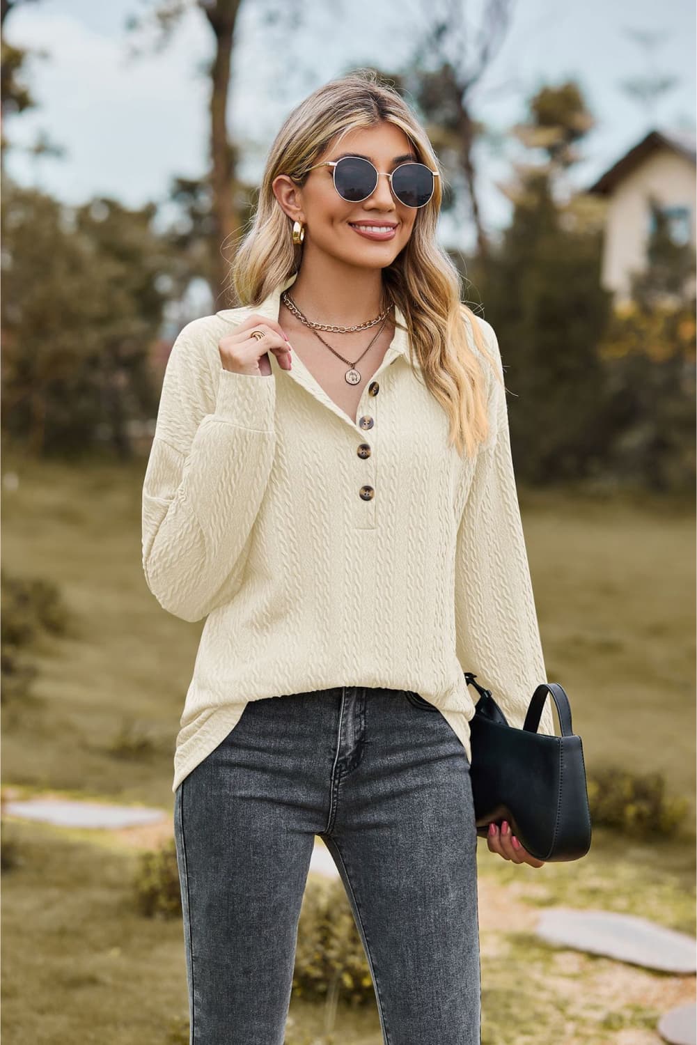 Collared Neck Long Sleeve Blouse - Mervyns